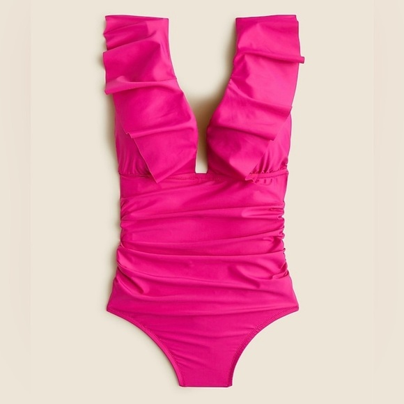NWT J. Crew Flamingo Pink Ruffle Plunge Lined Ruched Side Padded Cup Swimsuit - Picture 1 of 15